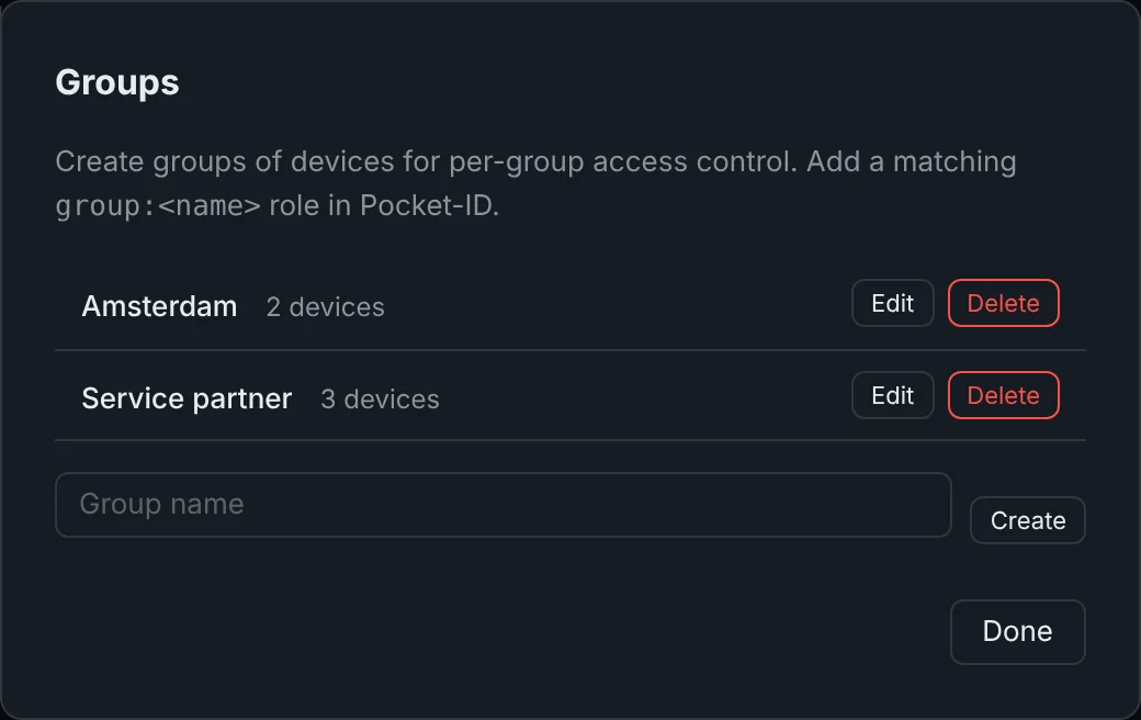 Access groups: Amsterdam with 2 devices and Service partner with 3 devices