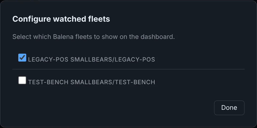 Configure watched fleets dialog with two Balena fleets