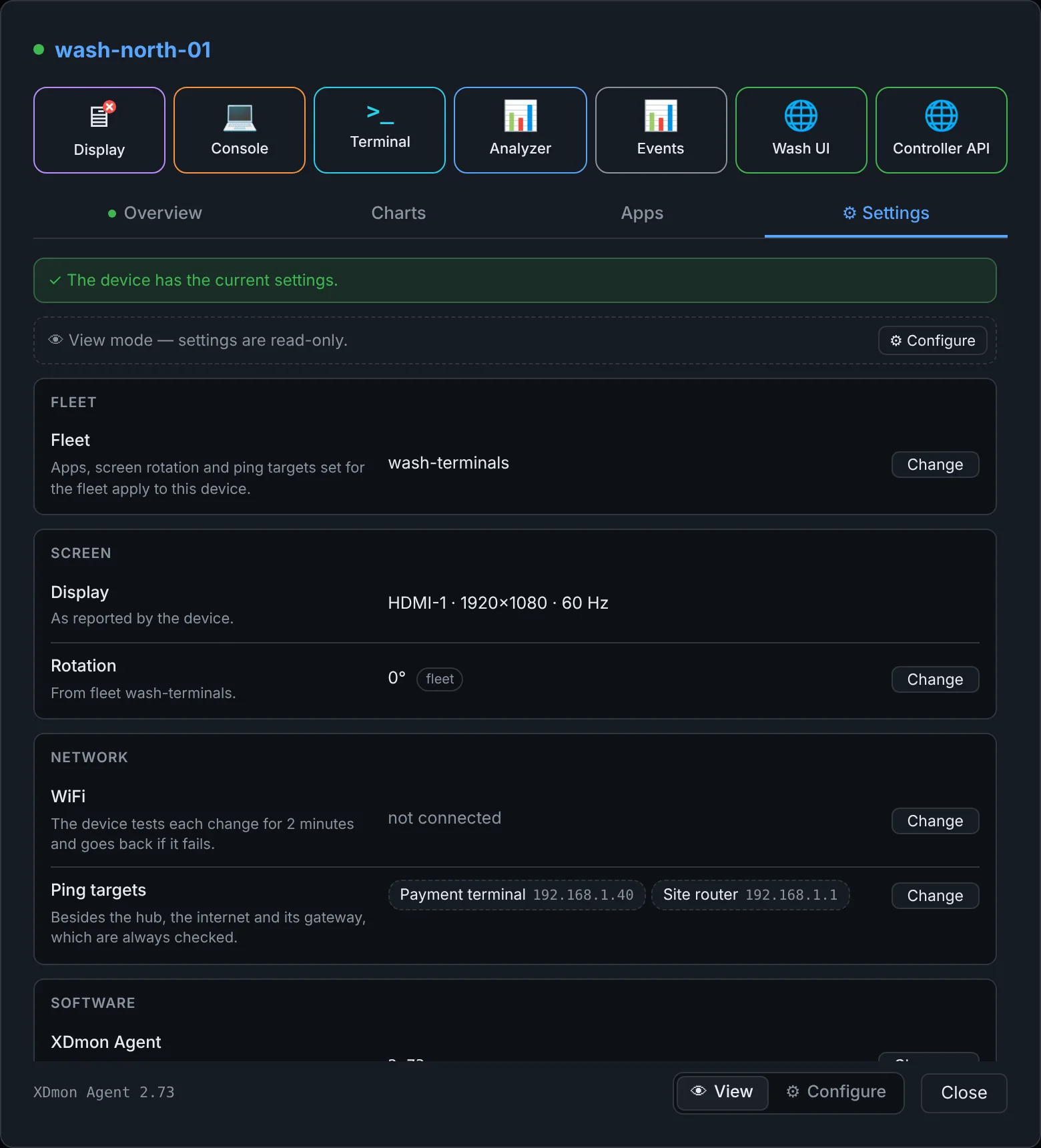 Settings tab in View mode with fleet, display, rotation, WiFi and ping targets