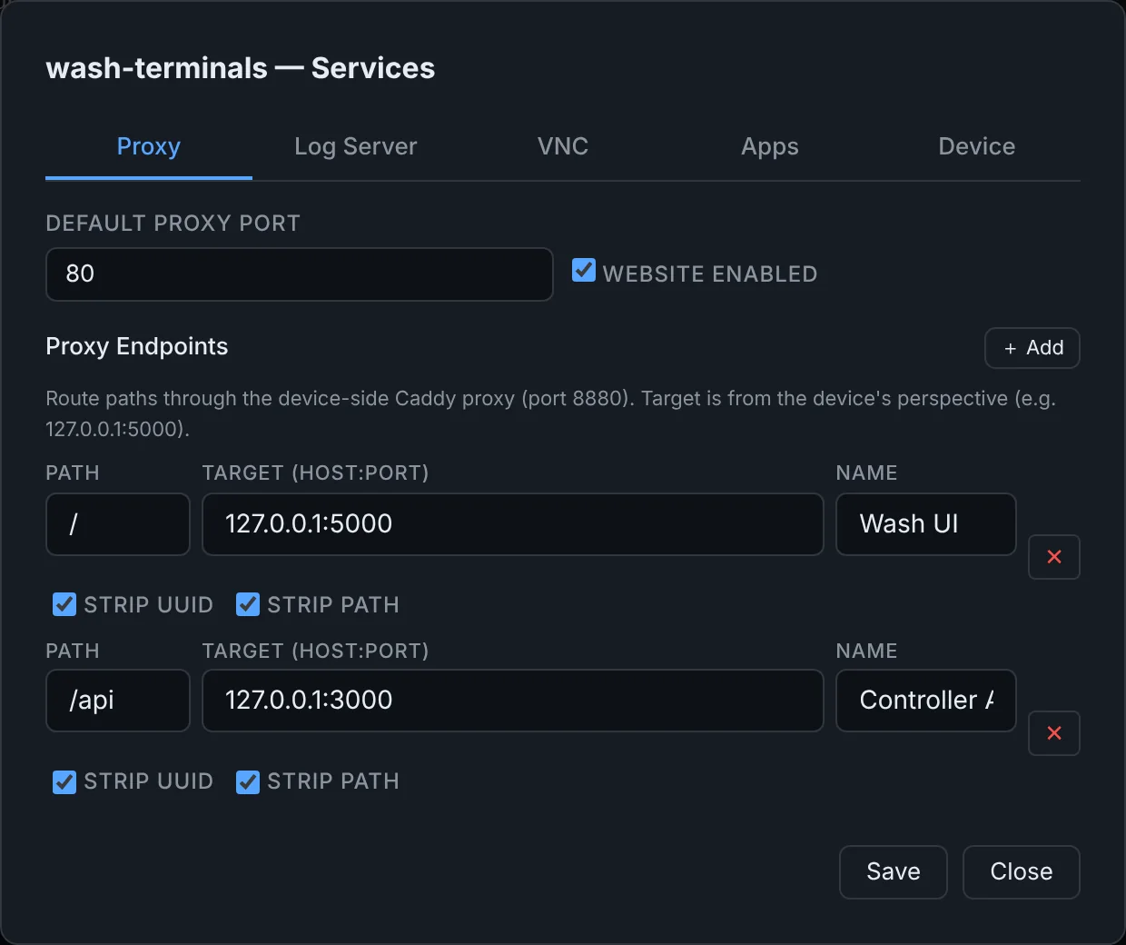 Fleet services Proxy tab with two endpoints: Wash UI and Controller API