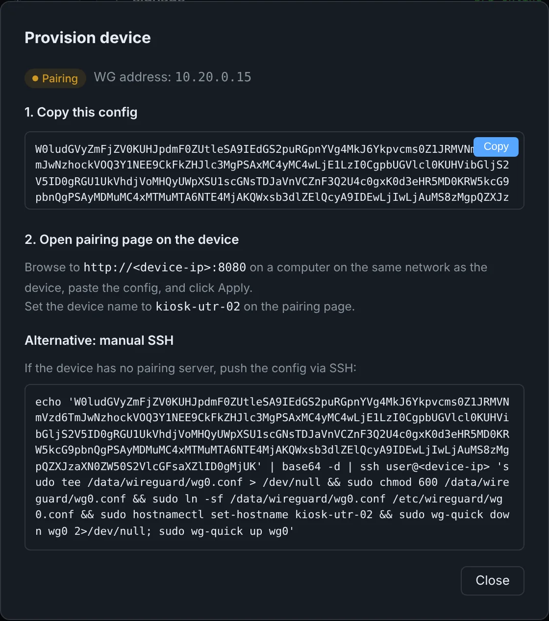 Provision device window with the base64 config to copy and an SSH fallback command