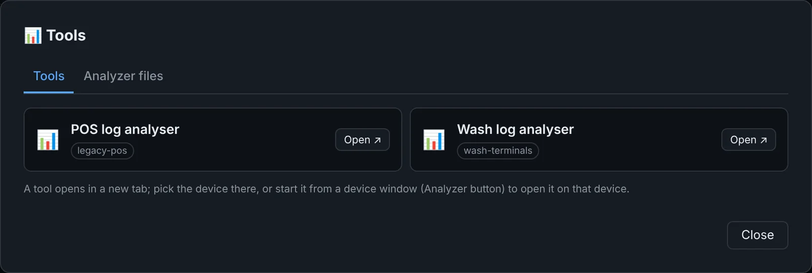 Tools window with two analysers, each assigned to a fleet