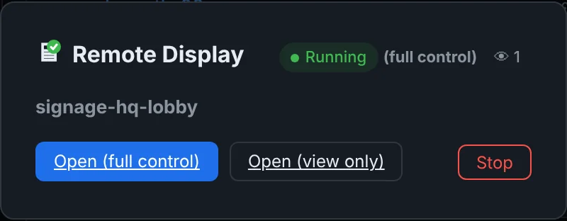 Remote Display dialog: running in full control, one viewer, buttons Open full control, Open view only and Stop